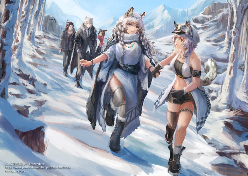 2girls, 3boys, absurdres, animal_ear_fluff, animal_ears, arknights, armband, artist_name