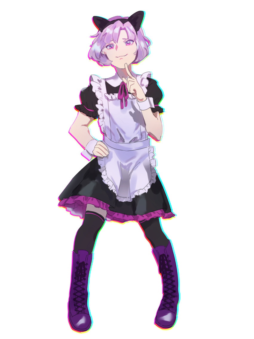 1boy, :3, absurdres, alternate_costume, animal_ears, apron, argonavis_from_bang_dream!, bangs, black_dress, black_legwear, bob_cut, boots, cat_ears, crossdressinging, dress, enmaided, fake_animal_ears, finger_to_mouth, highres, lavender_hair, maid, male_focus, otoko_no_ko, senipie, smile, solo, thigh-highs, ujigawa_shuu, violet_eyes, wrist_cuffs
