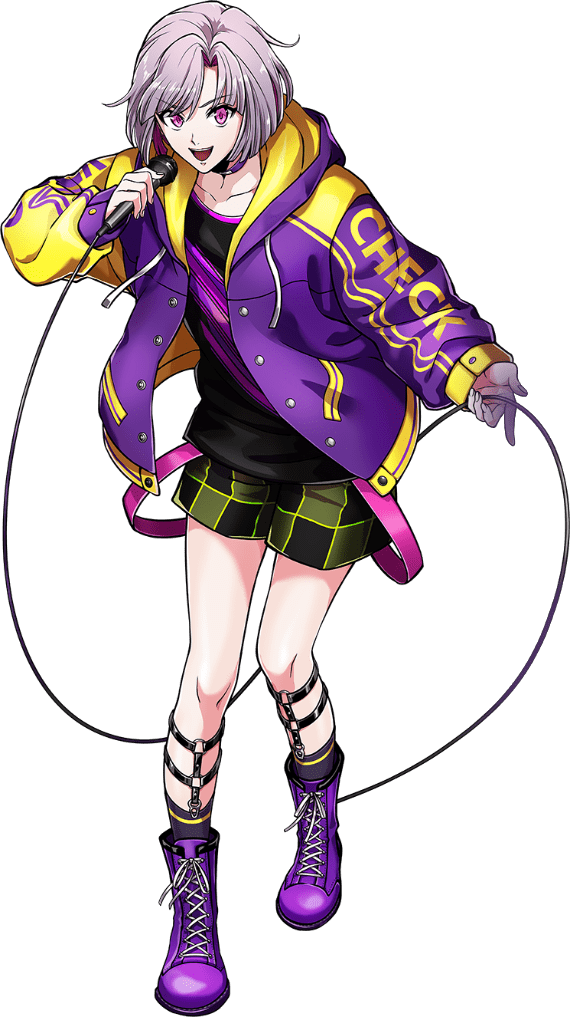 1boy, argonavis_from_bang_dream!, bangs, bob_cut, boots, choker, clothes_writing, full_body, hood, hooded_jacket, jacket, lavender_hair, long_sleeves, male_focus, microphone, official_art, purple_choker, shorts, smile, solo, tachi-e, transparent_background, ujigawa_shuu, violet_eyes