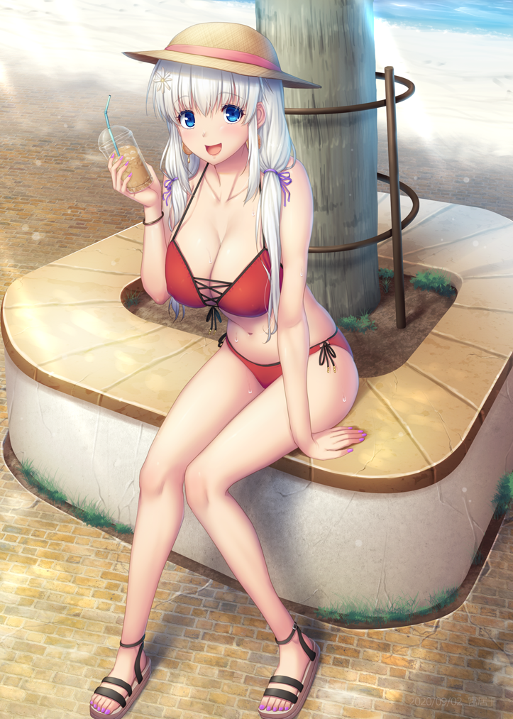 1girl, bikini, blue_eyes, breasts, collarbone, cup, day, disposable_cup