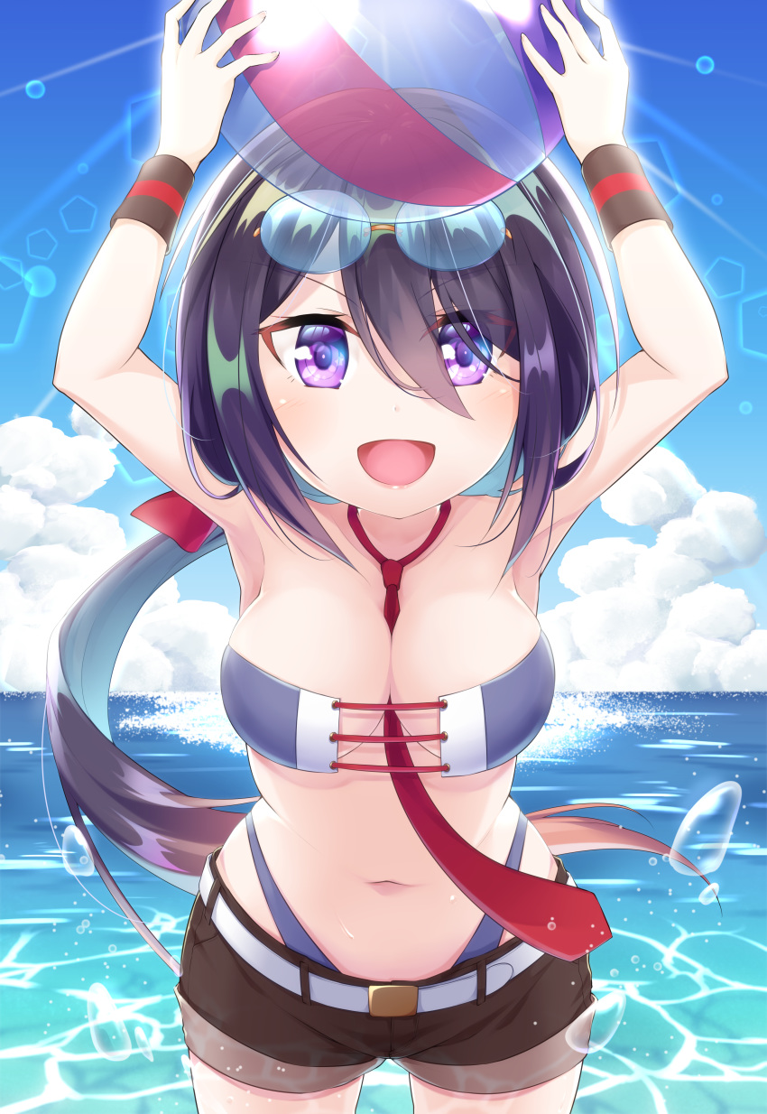 1girl, absurdres, ariake_(kantai_collection), ball, beach_volleyball, between_breasts, bikini, blue_bikini