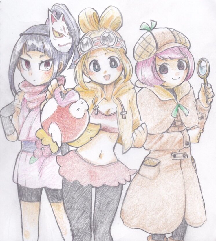 3girls, :d, bike_shorts, bikini, bikini_skirt, bikini_top, bikini_under_clothes, black_gloves, black_hair, black_legwear, blonde_hair, blush, bob_cut, boots, brown_footwear, brown_headwear, c:, cabbie_hat, capelet, cheep_cheep, closed_mouth, coat, company_connection, copella_(surechigai_fishing), creator_connection, detective, expressionless, eyewear_on_head, fingerless_gloves, fish, fox_mask, gloves, hat, high_ponytail, holding, holding_magnifying_glass, hood, hoodie, japanese_clothes, kimono, long_sleeves, looking_at_viewer, maaruutaa0, magnifying_glass, super_mario_bros., mask, midriff, mii_(nintendo), multiple_girls, navel, ninja, nintendo, obi, open_clothes, open_hoodie, open_mouth, pink_bikini, pink_eyes, pink_hair, pink_kimono, ponytail, red_scarf, sakutto!_taihou_ninja, sash, scarf, sheila_bell, shinobu_(sakutto!_taihou_ninja), shoes, short_eyebrows, short_hair, short_kimono, sidelocks, simple_background, sleeveless, sleeveless_kimono, smile, surechigai_fishing, surechigai_meikyuu, swimsuit, trench_coat, visor_cap, white_background, x_x