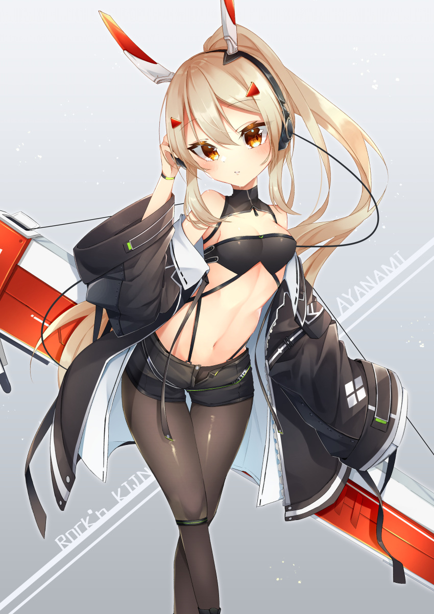 1girl, absurdres, adjusting_headphones, ayanami_(azur_lane), ayanami_(rock'n_kijin)_(azur_lane), azur_lane, black_legwear, coat