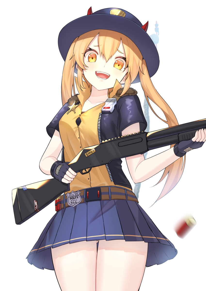 1girl, 666, absurdres, belt, blonde_hair, bomber_jacket, breasts, fingerless_gloves, girls_frontline, gloves, gun, hat, highres, horns, jacket, large_breasts, long_hair, m870_(girls_frontline), mechanical_tail, open_mouth, pellas_(panix2383), pleated_skirt, police_badge, remington_870, remington_arms, sheriff, sheriff_badge, short_sleeves, shotgun, shotgun_shells, skirt, solo, tail, twintails, weapon, yellow_eyes