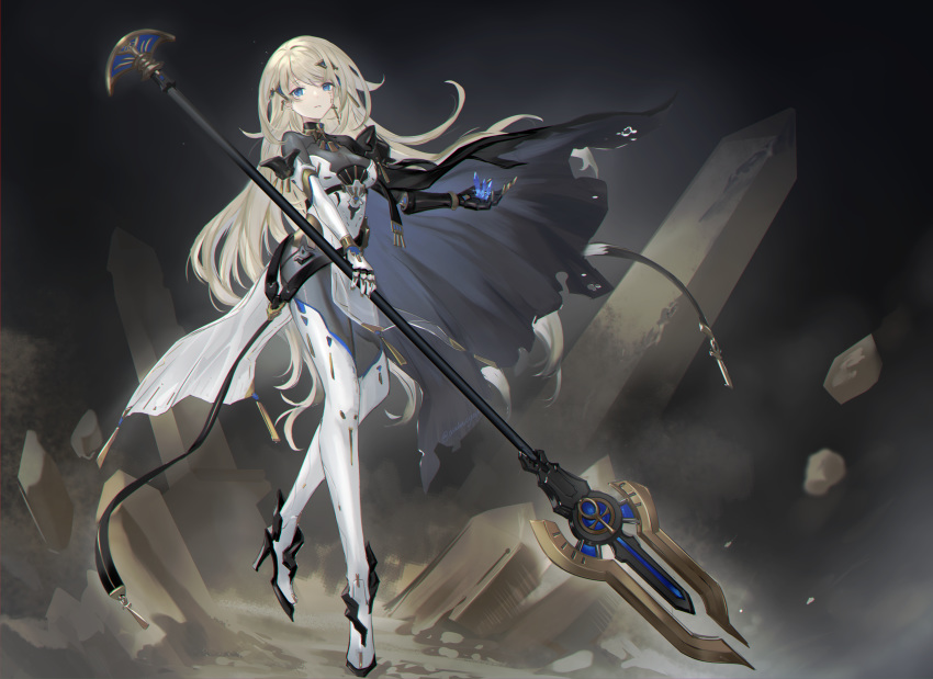 1girl, absurdres, asukayou, black_cape, blonde_hair, blue_eyes, bodysuit, cape, commentary_request, crystal, ear_piercing, earrings, full_body, high_heels, highres, holding, holding_polearm, holding_weapon, jewelry, long_hair, looking_at_viewer, mecha_musume, original, pelvic_curtain, piercing, polearm, prosthesis, prosthetic_arm, science_fiction, skin_tight, solo, stud_earrings, very_long_hair, weapon