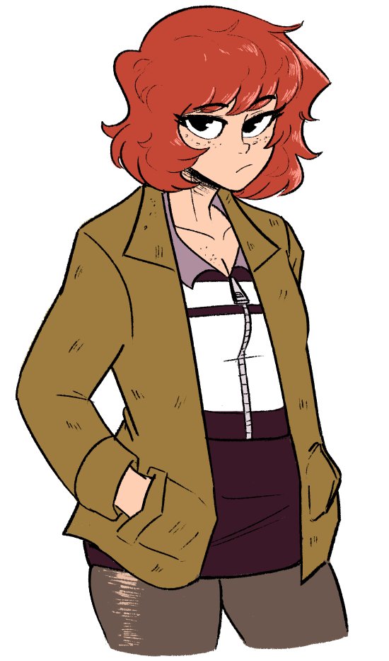 1girl, black_eyes, brown_hair, freckles, hands_in_pockets, jacket, kim_pine, looking_at_viewer