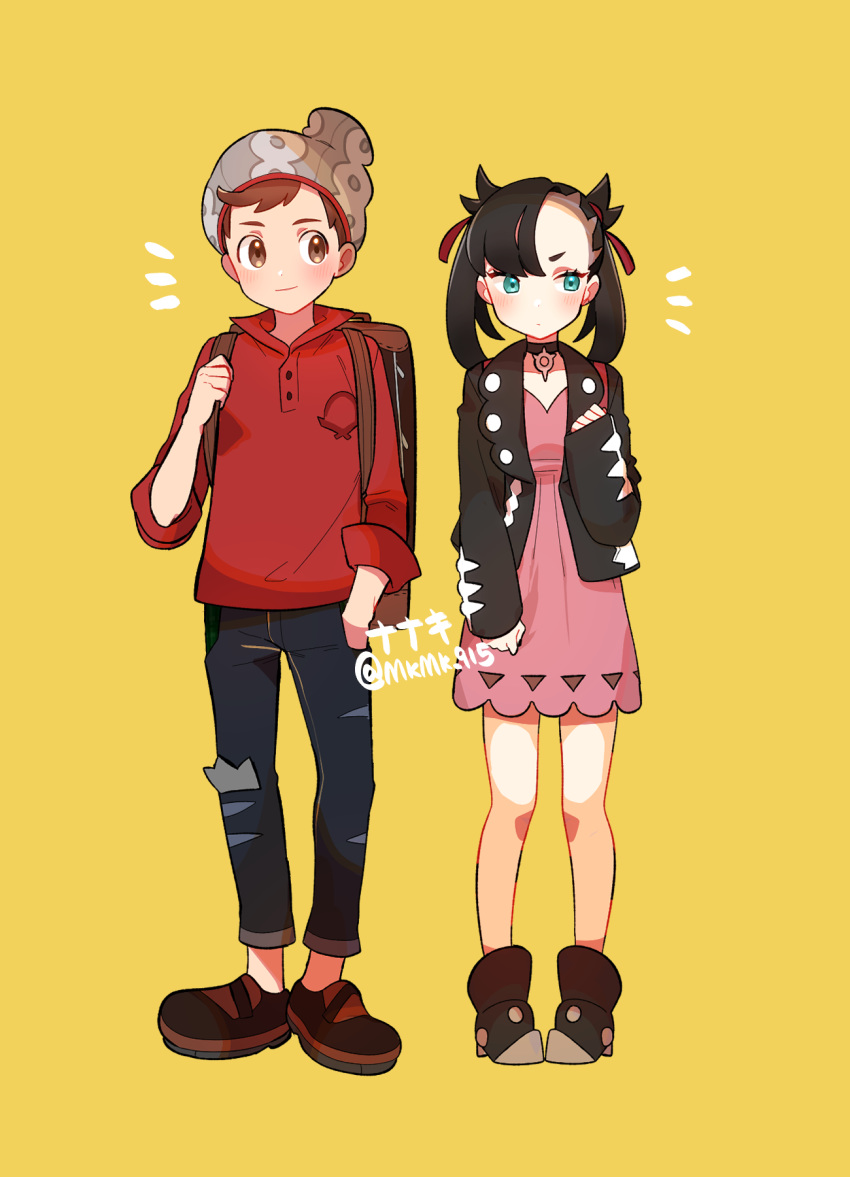1boy, 1girl, asymmetrical_bangs, bangs, beanie, black_choker, black_hair, black_jacket