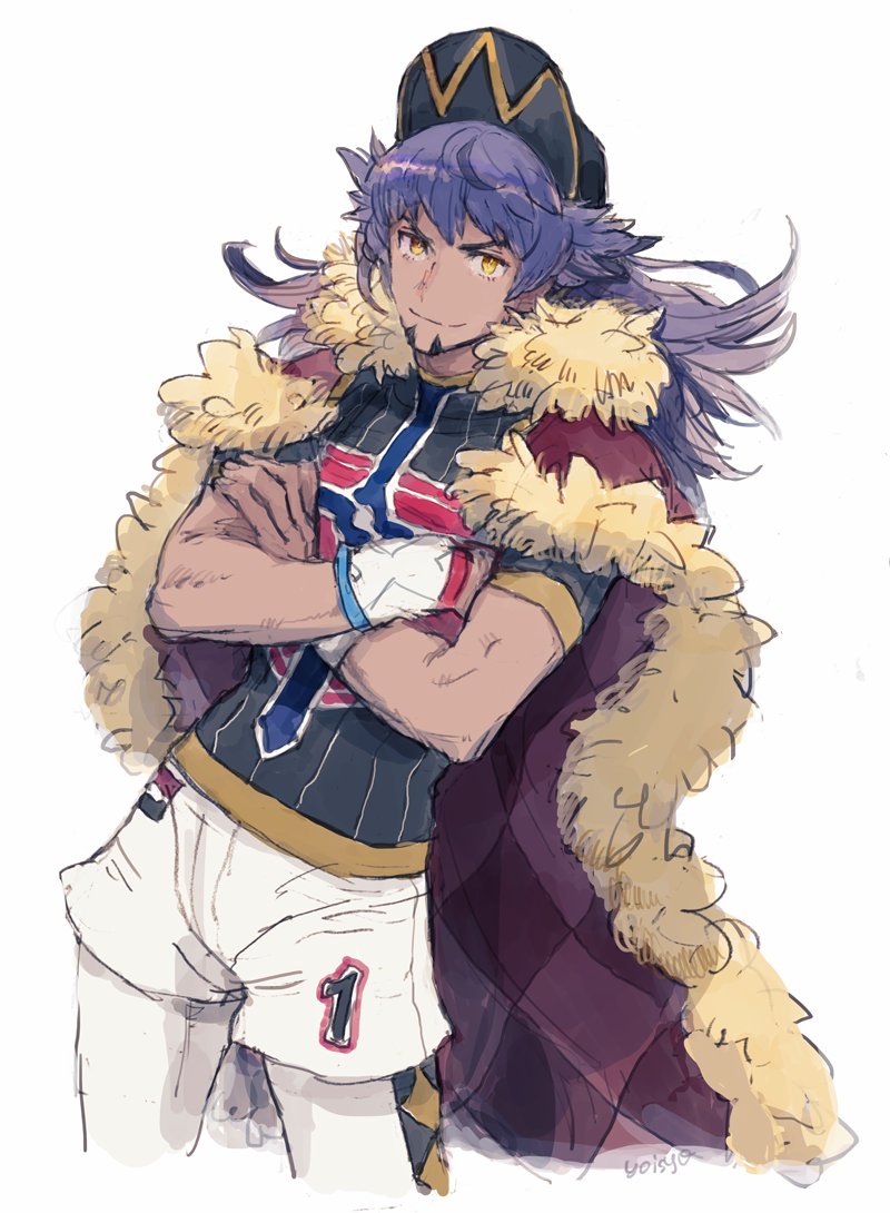 1boy, bangs, baseball_cap, cape, closed_mouth, commentary, crossed_arms, dark_skin