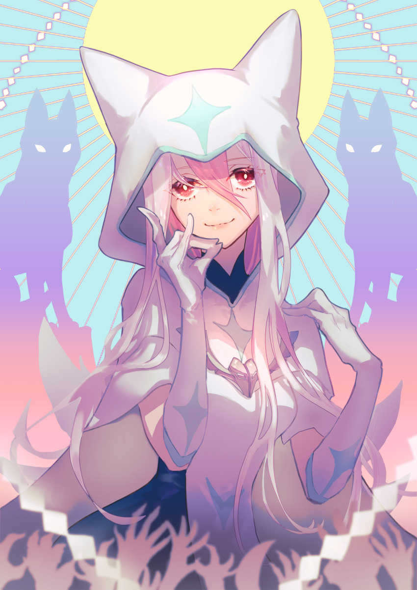 1girl, brand_new_animal, closed_mouth, commentary_request, gloves, hair_between_eyes, hands_up, highres