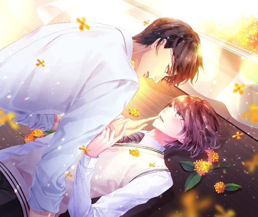2boys, araragi_soushi, black_hair, black_neckwear, brown_hair, curtains, eye_contact, finger_to_another's_mouth