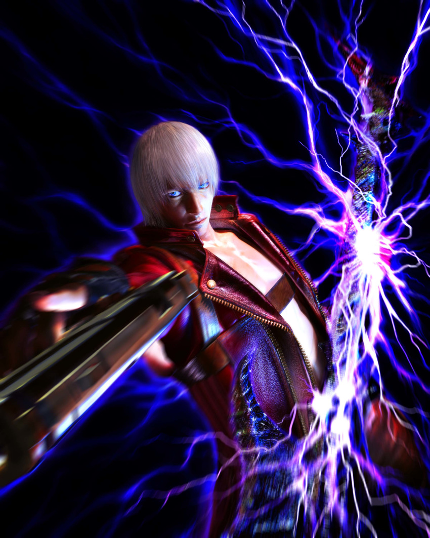 1boy, absurdres, black_background, blue_eyes, coat, dante_(devil_may_cry), devil_may_cry, devil_may_cry_(series)