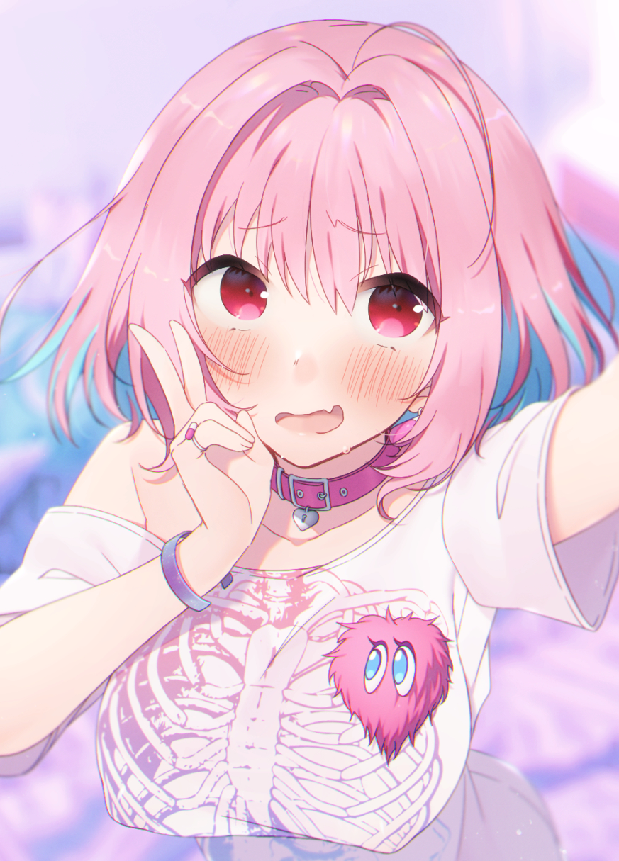 1girl, ahoge, arm_up, bangle, bangs, blue_hair, blurry, blurry_background, bracelet, breasts, collar, collarbone, earrings, eyebrows_visible_through_hair, fang, furrowed_eyebrows, gnash15, hand_up, heart, heart-shaped_lock, highres, idolmaster, idolmaster_cinderella_girls, jewelry, large_breasts, multicolored_hair, nervous_smile, off-shoulder_shirt, off_shoulder, open_mouth, pill_earrings, pink_hair, raised_eyebrows, ring, self_shot, shirt, short_hair, short_sleeves, single_bare_shoulder, skeleton_print, skin_fang, smile, solo, two-tone_hair, upper_body, v, white_shirt, yumemi_riamu