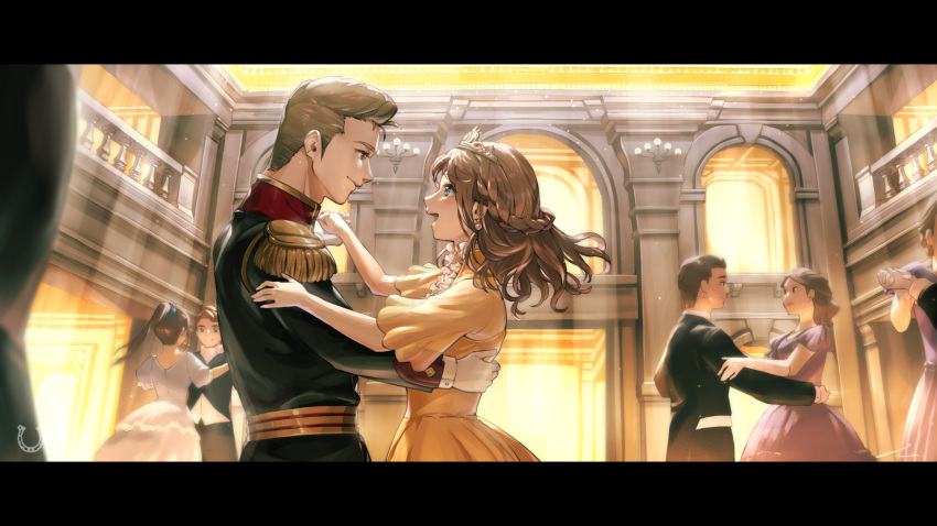 3boys, 3girls, aqua_eyes, arch, ballroom, bare_arms, blurry, blush, braid, brown_eyes, brown_hair, couple, crown_braid, dancing, depth_of_field, dress, earrings, epaulettes, eye_contact, facing_away, from_side, gloves, hair_slicked_back, hand_on_another's_arm, hetero, highres, holding_hands, indoors, jewelry, long_hair, long_sleeves, looking_at_another, medium_hair, multiple_boys, multiple_girls, nemoto_yuuma, open_mouth, original, out_of_frame, outstretched_arms, ponytail, profile, railing, short_sleeves, tiara, upper_body, white_gloves, yellow_dress