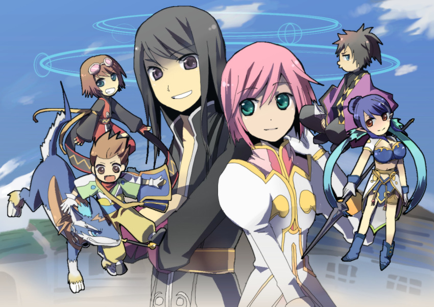 3boys, 3girls, armor, black_eyes, black_hair, blue_hair, brown_hair, dog
