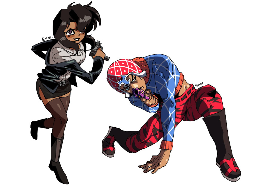 1boy, 1girl, brown_eyes, brown_hair, commission, crossover, dark_skin, english_commentary, ennuikalart, guido_mista, gun, gunsmith_cats, handgun, holding, holding_gun, holding_weapon, jojo_no_kimyou_na_bouken, looking_at_viewer, pistol, rally_vincent, revolver, smile, vento_aureo, weapon, white_background