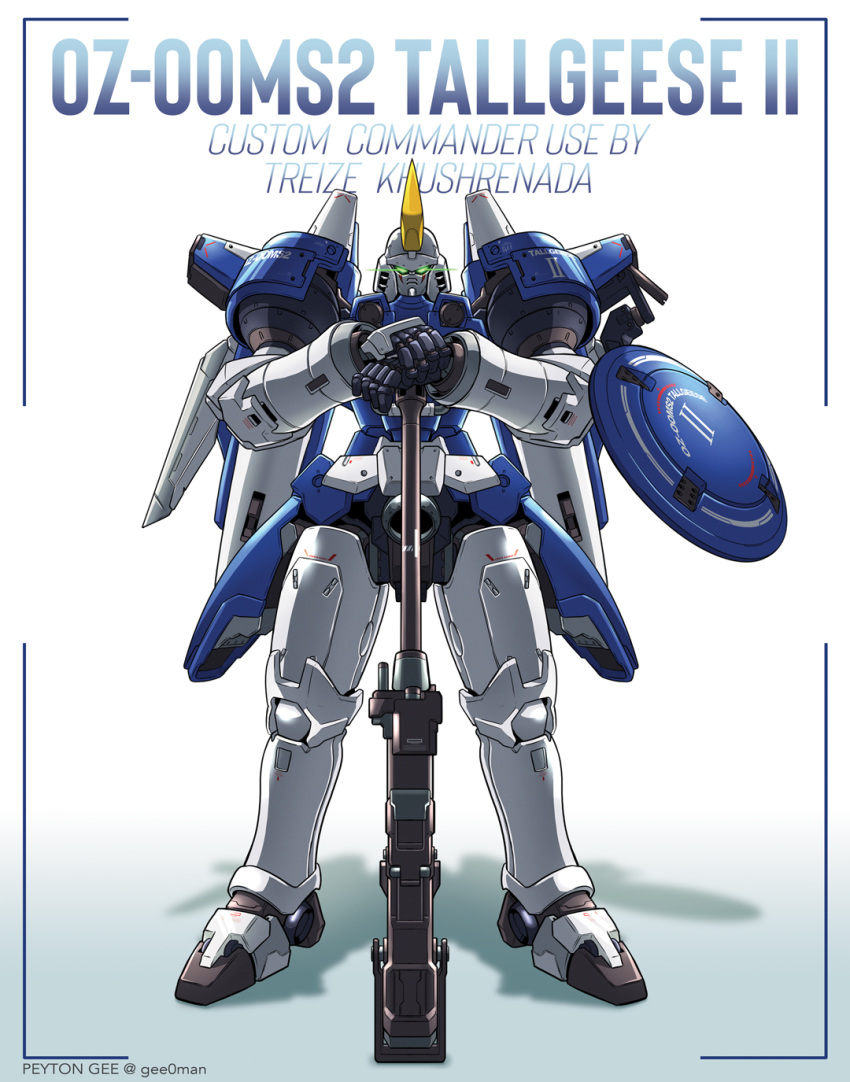 artist_name, character_name, commission, english_commentary, english_text, glowing, glowing_eyes, green_eyes, gun, gundam, gundam_wing, highres, holding, holding_gun, holding_weapon, looking_down, mecha, no_humans, peyton_gee, rifle, sniper_rifle, solo, standing, tallgeese_ii, weapon, white_background