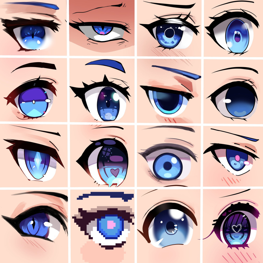 blue_eyes, close-up, dayshiart, eyes, heart, heart-shaped_pupils, highres, looking_at_viewer, looking_up, multiple_style_parody, multiple_views, original, pixel_art, symbol-shaped_pupils, v-shaped_eyebrows