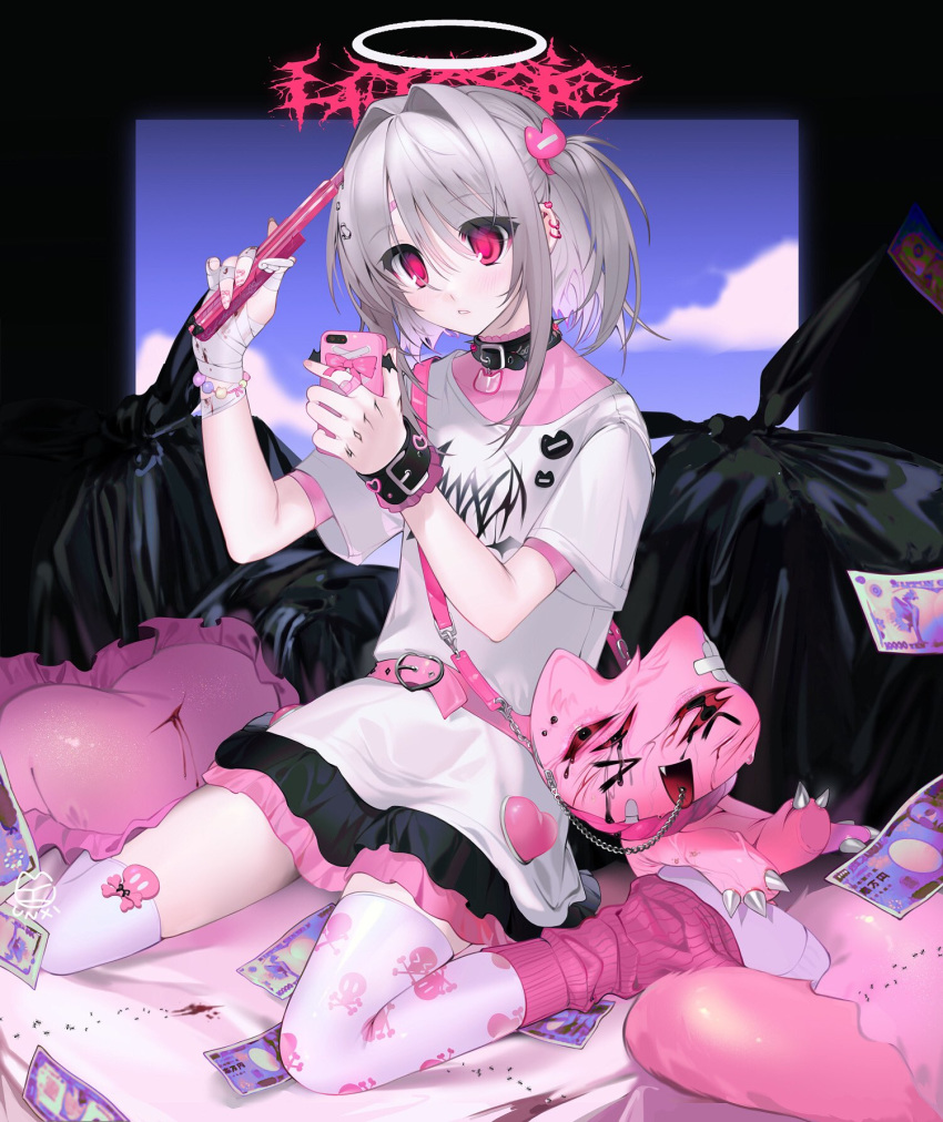 1girl, ant, artist_name, bandaged_arm, bandages, bandaid, bandaid_on_face, belt