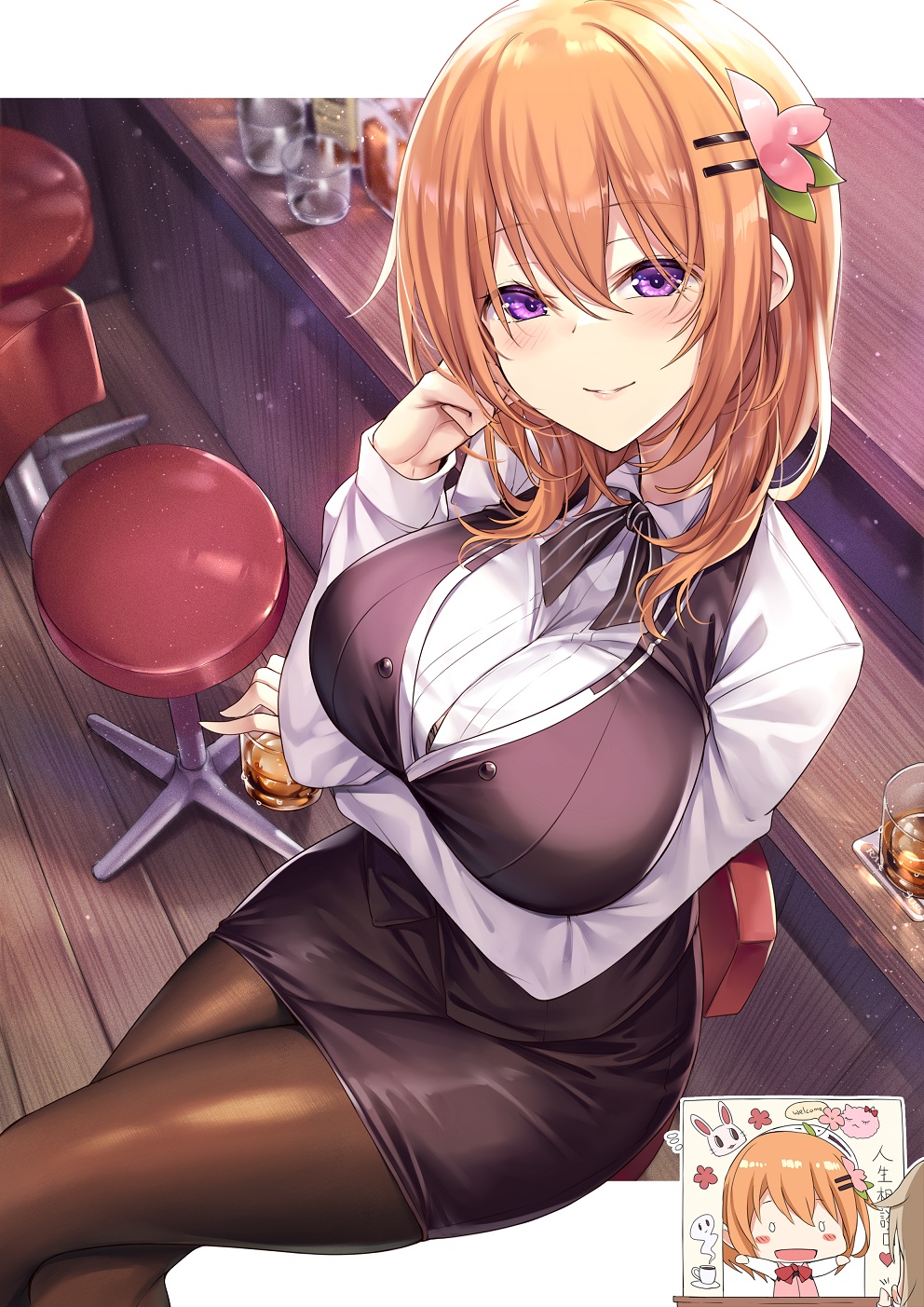 2girls, alcohol, aoyama_blue_mountain, arm_under_breasts, bangs, bar, bartender, black_neckwear