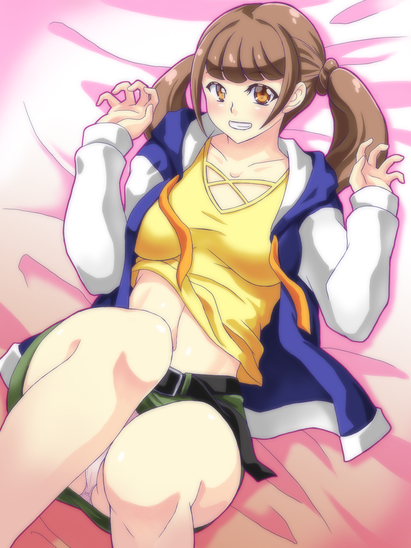 1girl, bangs, belt, blunt_bangs, breasts, brown_eyes, brown_hair, claw_pose, eyebrows_visible_through_hair, healin'_good_precure, hiramitsu_hinata, jacket, long_hair, looking_at_viewer, midriff, navel, oohiro_saki, open_clothes, open_jacket, panties, pantyshot, precure, shirt, short_hair, skirt, smile, solo, twintails, underwear