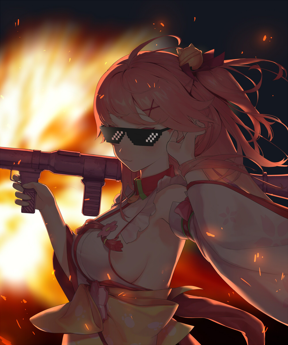 1girl, :3, ahoge, arm_up, bell, black_background, blush, breasts