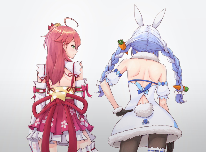2girls, ahoge, animal_ears, arm_cuffs, back, backless_outfit, bell, black_gloves, black_legwear, braid, bunny_tail, bunnysuit, carrot_hair_ornament, closed_mouth, commentary, cowboy_shot, detached_sleeves, dress, english_commentary, floral_print, food_themed_hair_ornament, from_behind, fur-trimmed_dress, fur-trimmed_gloves, fur_trim, gloves, gradient, gradient_background, green_eyes, grey_background, hair_bell, hair_ornament, hair_ribbon, hand_on_hip, highres, hololive, light_blue_hair, long_hair, looking_at_another, mimyung00, multiple_girls, nontraditional_miko, pantyhose, paw_print_pattern, pink_hair, pink_skirt, rabbit_ears, red_ribbon, ribbon, sakura_miko, side_ponytail, simple_background, skirt, tail, thigh_strap, thighs, tress_ribbon, twin_braids, twintails, usada_pekora, virtual_youtuber, white_background, white_dress, white_hair