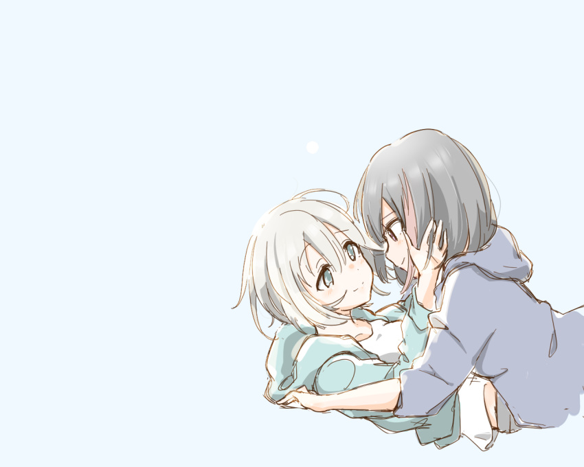 2girls, aoba_moca, bang_dream!, black_hair, blue_background, bob_cut, eye_contact, green_eyes