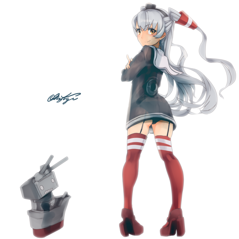 1girl, amatsukaze_(kantai_collection), black_panties, brown_dress, crossed_arms, dress, from_behind, full_body