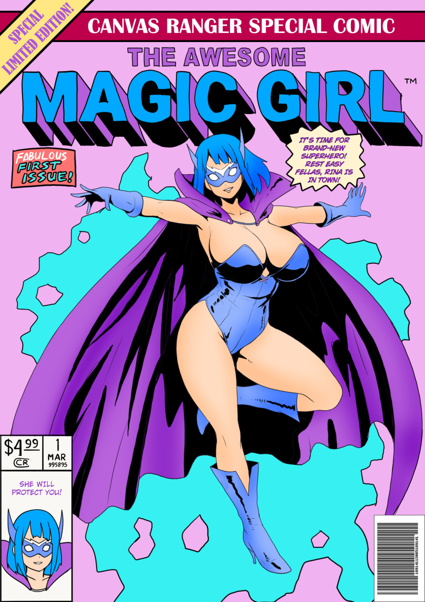 1girl, barcode, blue_footwear, blue_gloves, blue_hair, blue_leotard, boots, breasts