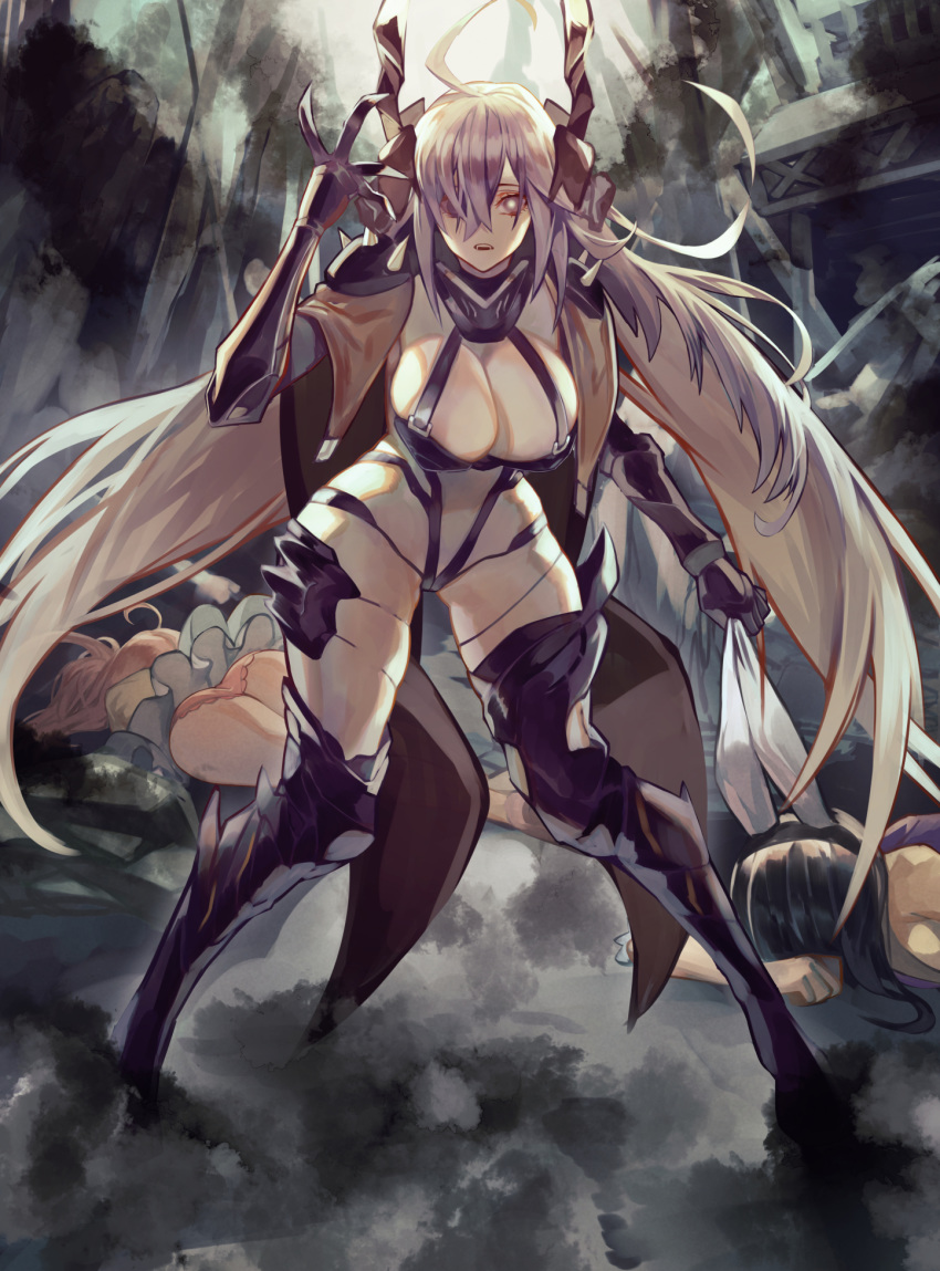 3girls, ahoge, animal_ears, armor, black_hair, breasts, brown_cloak, character_request