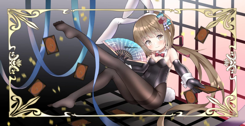 1girl, animal_ears, black_gloves, black_legwear, black_leotard, bow, bowtie, brown_eyes, brown_hair, bunny_girl, bunny_tail, bunnysuit, card, commission, detached_collar, fan, fingerless_gloves, flower, folding_fan, gloves, hair_flower, hair_ornament, highres, idolmaster, idolmaster_cinderella_girls, juugou_taki, leotard, long_hair, looking_at_viewer, low_twintails, magic:_the_gathering, pantyhose, rabbit_ears, red_neckwear, sitting, smile, solo, strapless, strapless_leotard, tail, thighband_pantyhose, twintails, very_long_hair, wrist_cuffs, yorita_yoshino