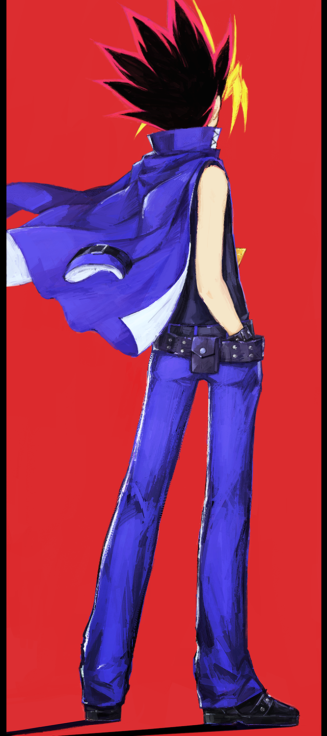 1boy, atem, back, bare_shoulders, belt, belt_pouch, black_footwear, black_hair