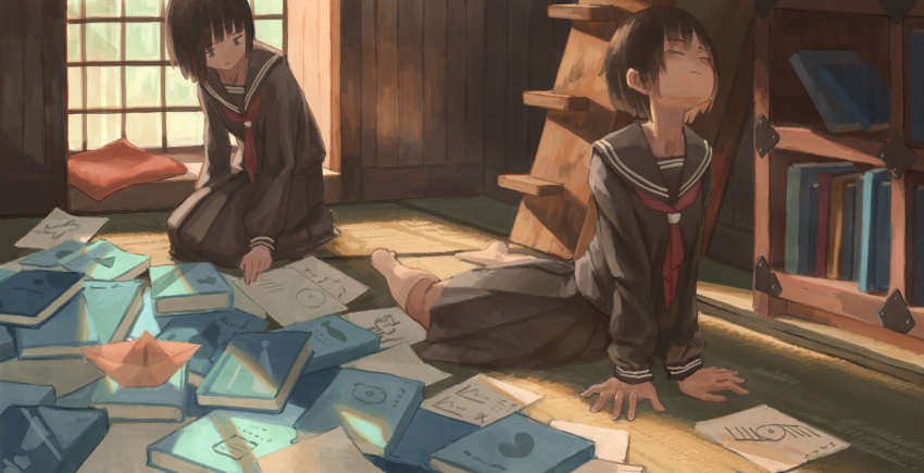 2girls, black_serafuku, black_skirt, book, bookshelf, brown_hair, cat_stretch, hehe_(taiwan)