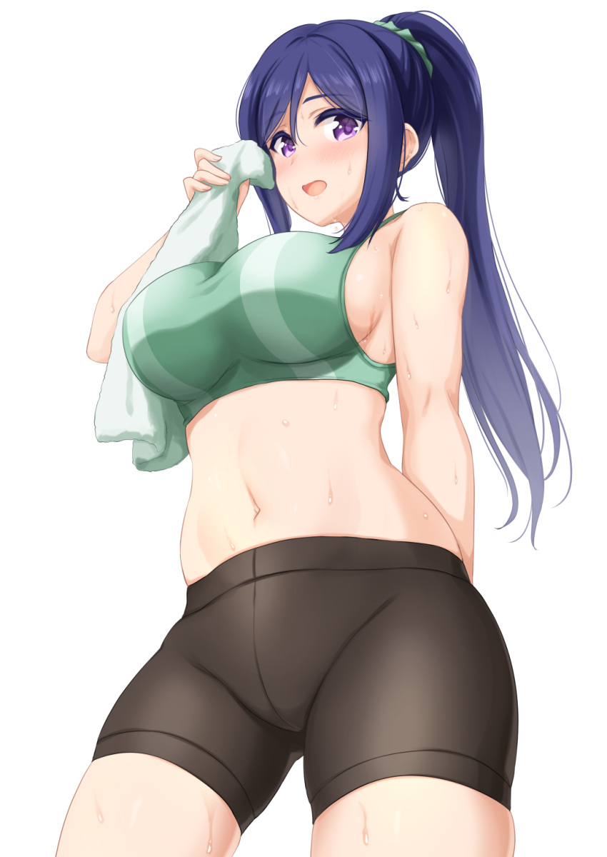 1girl, arm_behind_back, bangs, bare_shoulders, bike_shorts, blue_hair, blush, breasts
