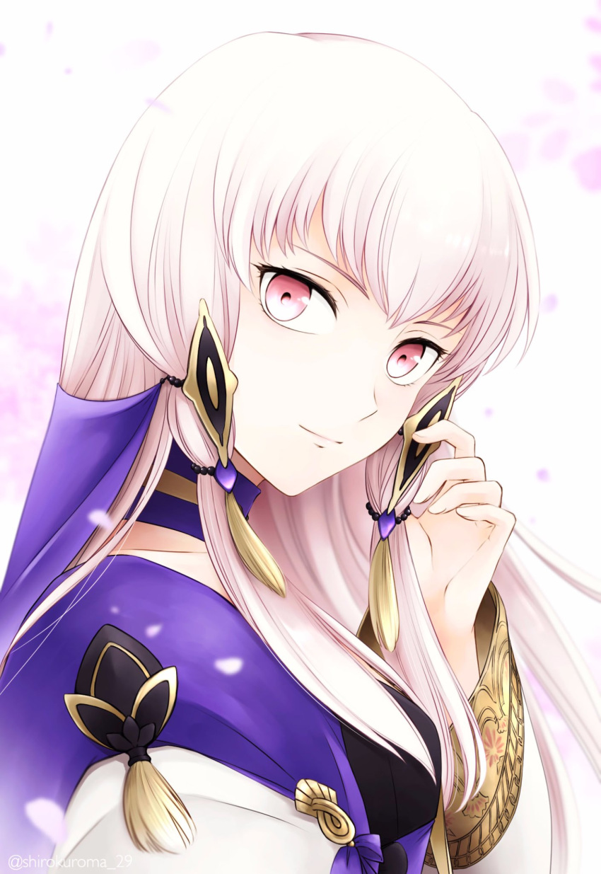 1girl, closed_mouth, fire_emblem, fire_emblem:_three_houses, from_side, hair_ornament, highres, long_hair, long_sleeves, looking_to_the_side, lysithea_von_ordelia, petals, pink_eyes, shirokuroma_29, solo, twitter_username, upper_body, white_hair