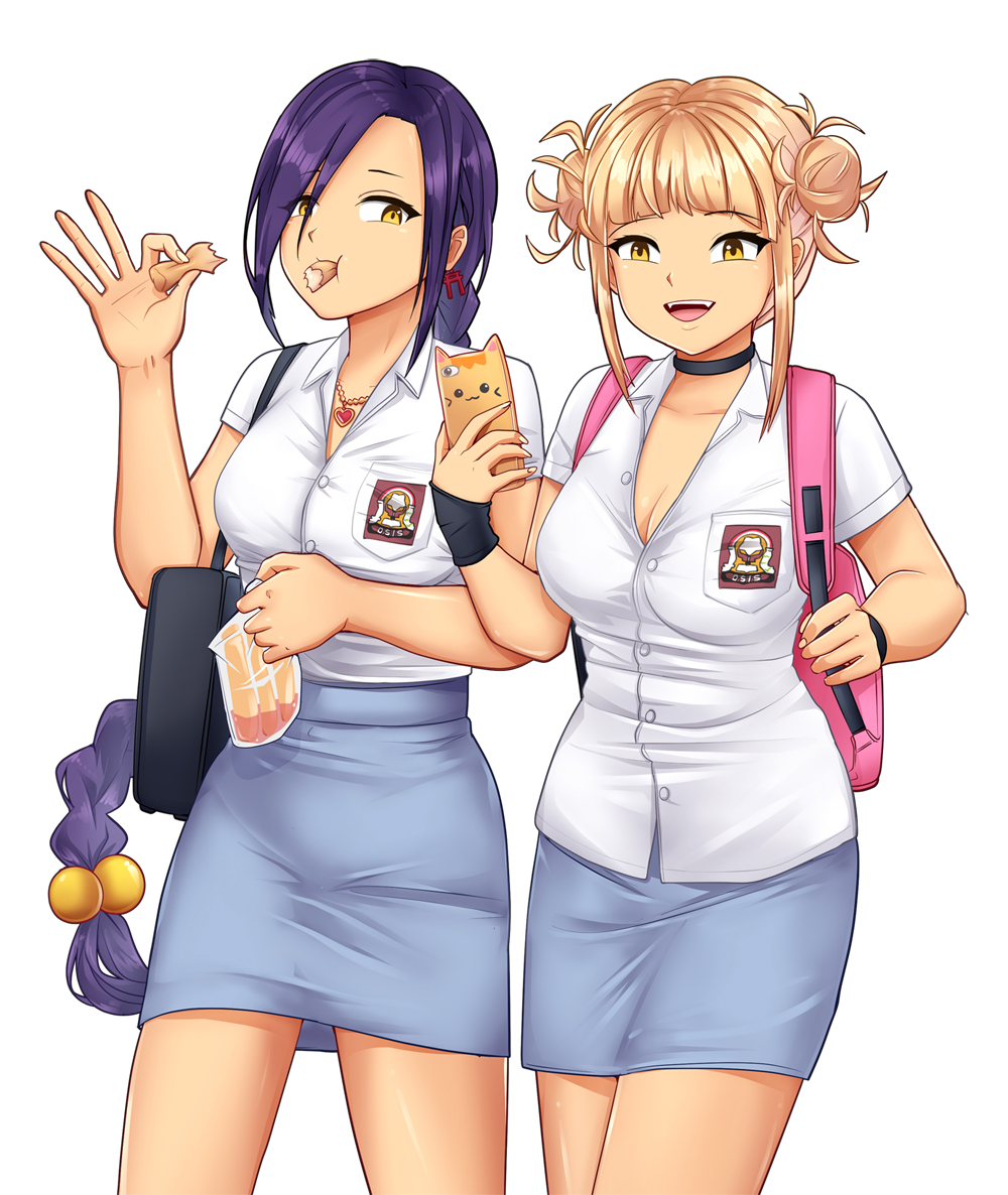 2girls, backpack, bag, bangs, black_choker, blonde_hair, boku_no_hero_academia, braid, breasts, cellphone, chikujouin_magane, choker, commentary_request, crossover, double_bun, earrings, eating, fangs, food, hair_between_eyes, jewelry, long_hair, looking_at_another, medium_breasts, multiple_girls, necklace, pencil_skirt, phone, purple_hair, re:creators, school_uniform, second-party_source, simple_background, single_braid, skirt, storm_zero, toga_himiko, torii_earrings, unbuttoned, unbuttoned_shirt, very_long_hair, white_background, yellow_eyes