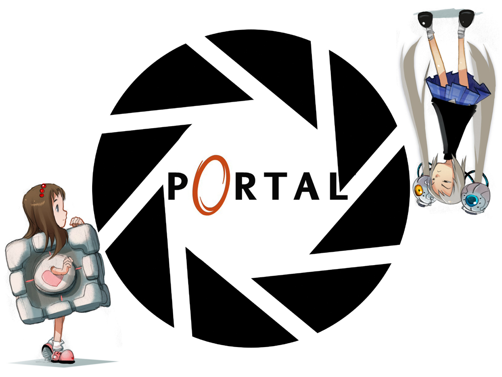 brown_hair, glados, glados-tan, long_hair, personification, portal, silver_hair, skirt