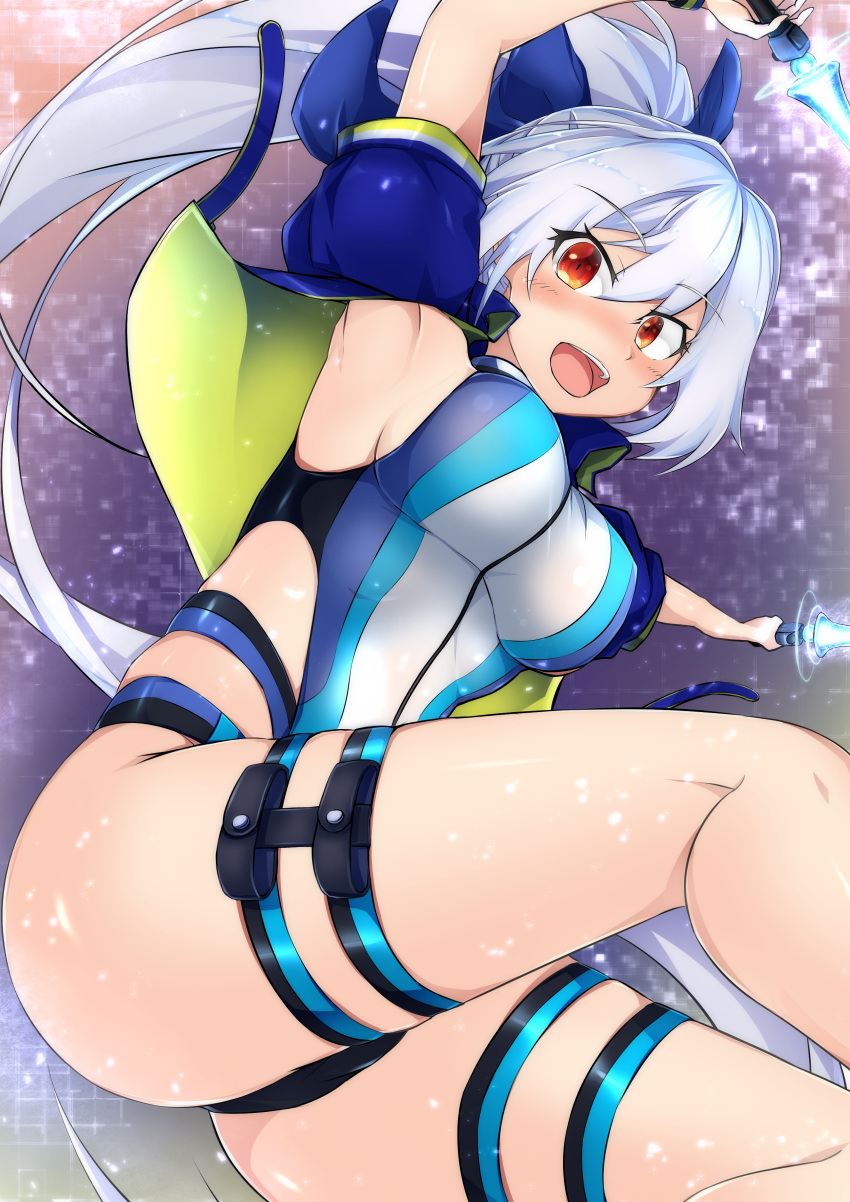 1girl, :d, absurdres, armpits, ass, blue_bow, blue_jacket, blue_swimsuit, blush, bow, breasts, commentary_request, competition_swimsuit, cropped_jacket, dual_wielding, energy_sword, fate/grand_order, fate_(series), from_below, hair_between_eyes, hair_bow, highleg, highleg_swimsuit, highres, holding, holding_sword, holding_weapon, houjou_ren_(ren_hj), jacket, large_breasts, long_hair, looking_at_viewer, multicolored, multicolored_clothes, multicolored_swimsuit, one-piece_swimsuit, open_mouth, ponytail, red_eyes, short_sleeves, silver_hair, smile, solo, swimsuit, sword, thigh_strap, tomoe_gozen_(fate/grand_order), tomoe_gozen_(swimsuit_saber)_(fate), very_long_hair, weapon, white_swimsuit