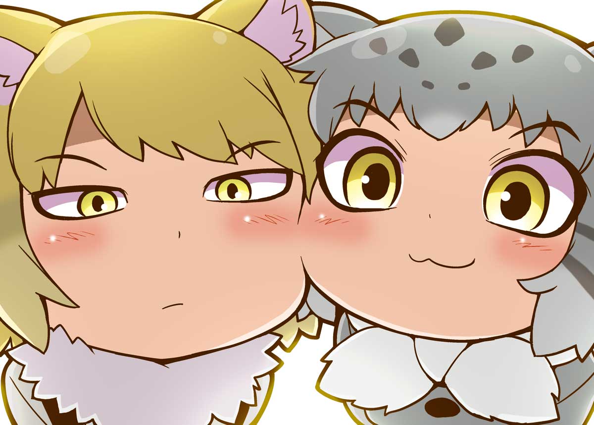 2girls, :3, animal_ear_fluff, animal_ears, bangs, blonde_hair, cat_ears, cat_girl