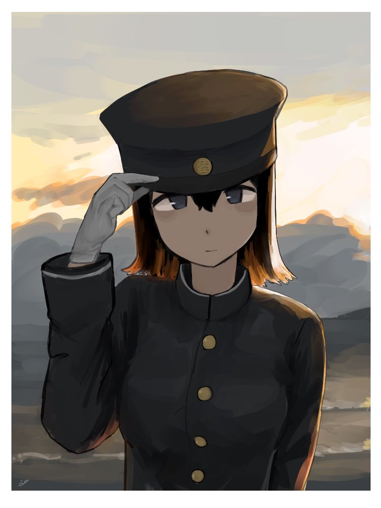 1girl, 4me_4ma, akitsu_maru_(kantai_collection), bangs, black_hair, black_headwear, border, breasts