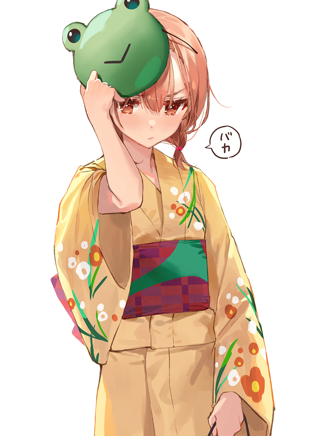 1girl, bangs, blush, brown_hair, closed_mouth, commentary_request, cowboy_shot, dsmile, floral_print, frog_mask, holding, japanese_clothes, kimono, long_sleeves, looking_at_viewer, low_ponytail, mask, mask_on_head, misaka_mikoto, obi, print_kimono, red_eyes, sash, short_ponytail, simple_background, solo, speech_bubble, to_aru_kagaku_no_railgun, to_aru_majutsu_no_index, translation_request, v-shaped_eyebrows, white_background, wide_sleeves, yellow_kimono, yukata