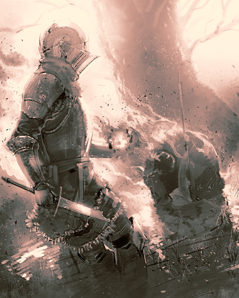 1other, armor, ashen_one_(dark_souls_3), bare_tree, breastplate, broken, broken_weapon, burning