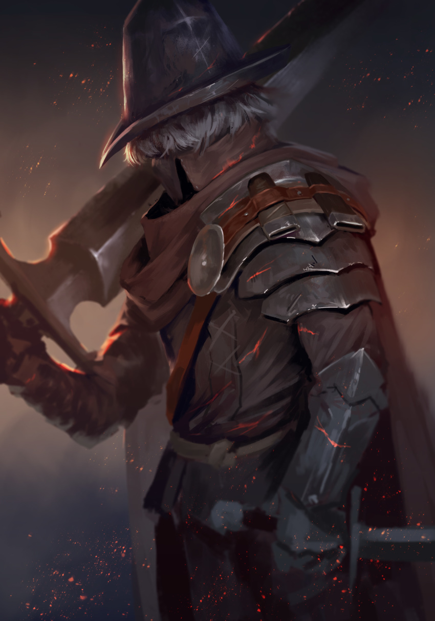 1boy, absurdres, abyss_watcher, arm_at_side, armor, belt, cape, cowboy_shot