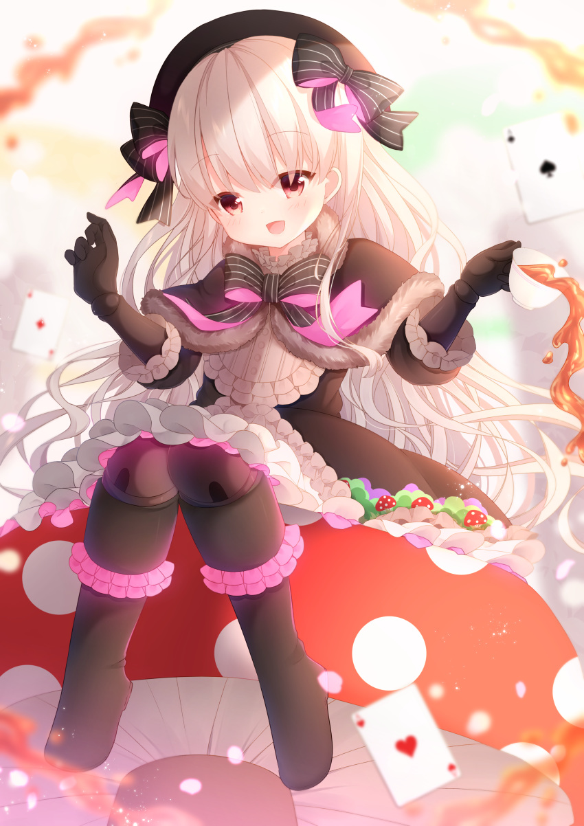 1girl, :d, absurdres, ace_of_diamonds, ace_of_hearts, ace_of_spades, beret, black_capelet