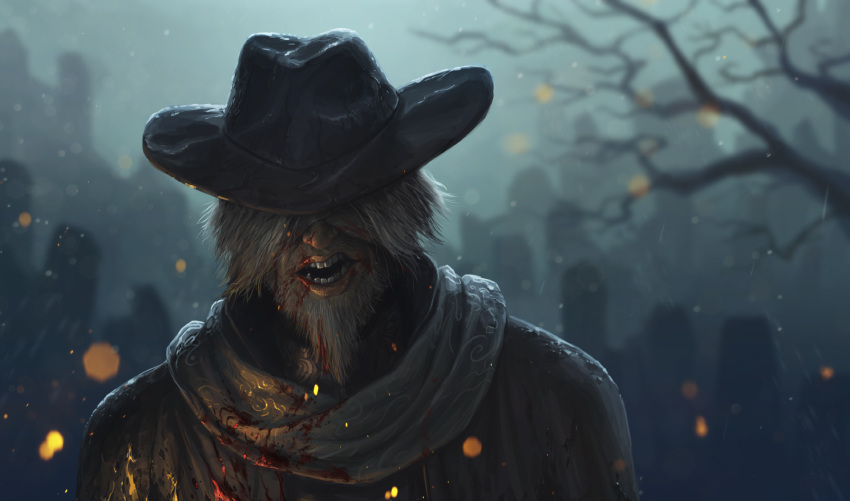 1boy, bangs, bare_tree, beard, black_headwear, blindfold, bloodborne, blurry