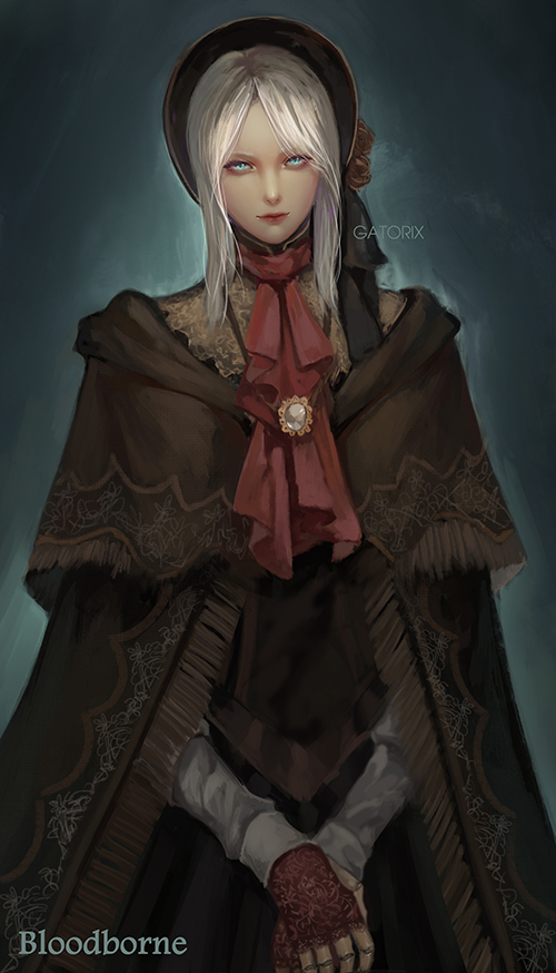 1girl, artist_name, bangs, black_dress, bloodborne, bonnet, brown_cloak, cloak