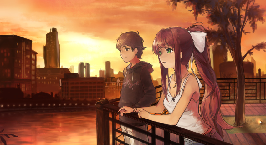 1boy, 1girl, bangs, bare_arms, bare_shoulders, black_eyes, brown_hair, cityscape