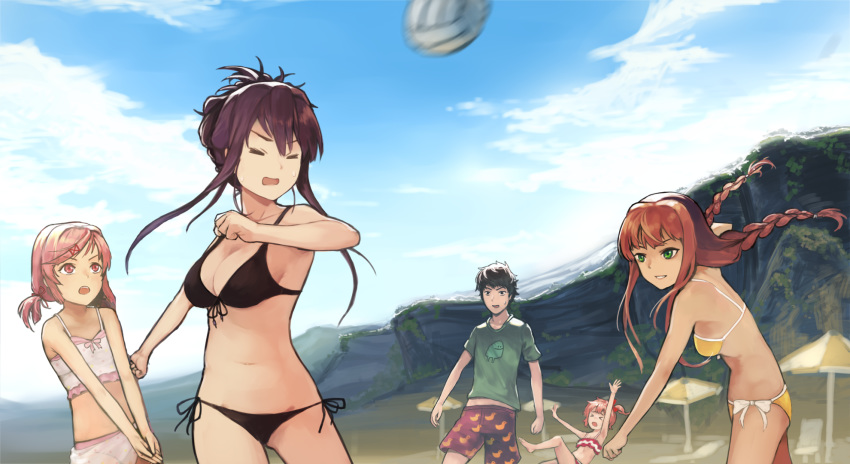 1boy, 5girls, bare_arms, bare_shoulders, beach, beach_umbrella, beach_volleyball, bikini