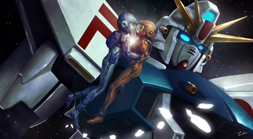1boy, 1girl, absurdres, blue_eyes, cecily_fairchild, couple, f91_gundam, floating
