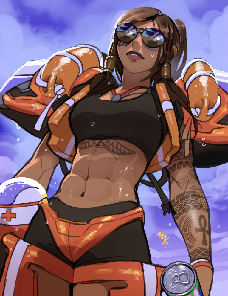 1girl, abs, alternate_costume, alternate_hairstyle, arm_tattoo, armor, aviator_sunglasses, black_swimsuit